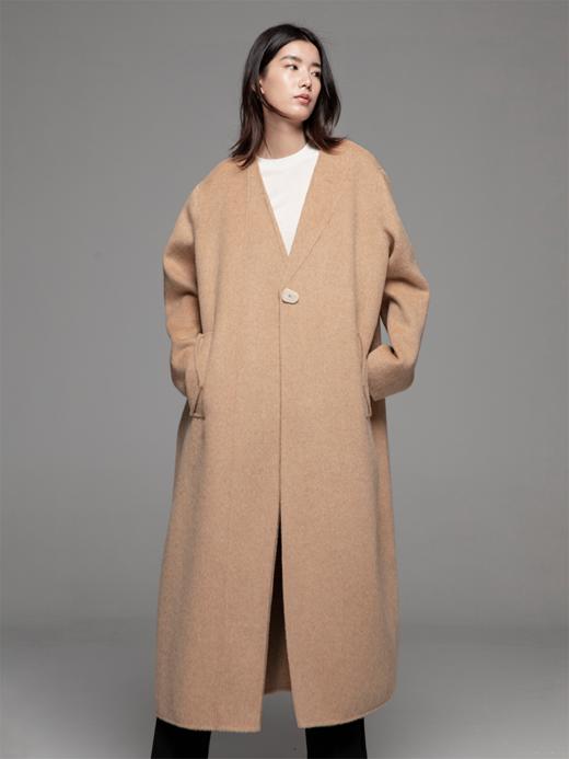 LIYIHAN 24冬绵羊毛领子不对称纯色中长款双面呢大衣百搭设计感 商品图0