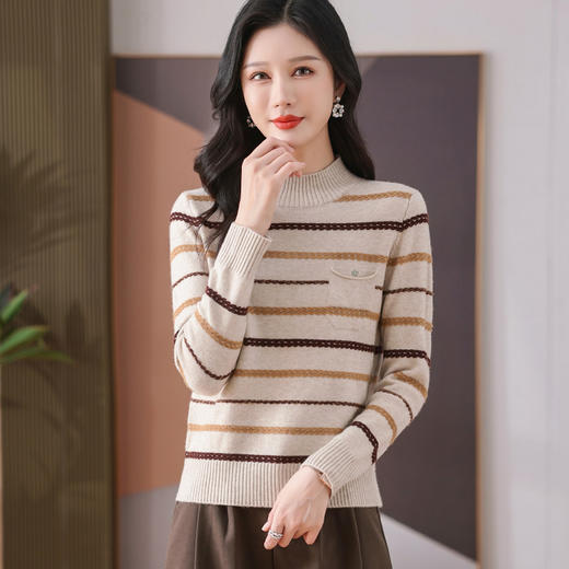CC-101-59053半高领条纹打底女秋冬新款洋气羊毛针织内搭小上衣厚款短款毛衣女 商品图2