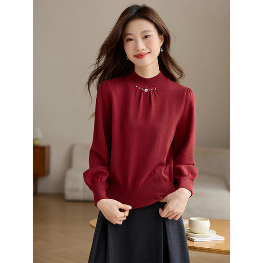 【年终特卖】熙世界水钻半高领红色毛衣秋冬内搭设计感针织打底衫2025年新款 商品图2