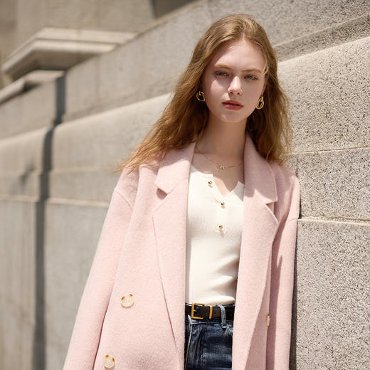 三彩2024冬季新款西装领毛呢大衣阿尔巴卡双面呢外套宽松女M 商品图1