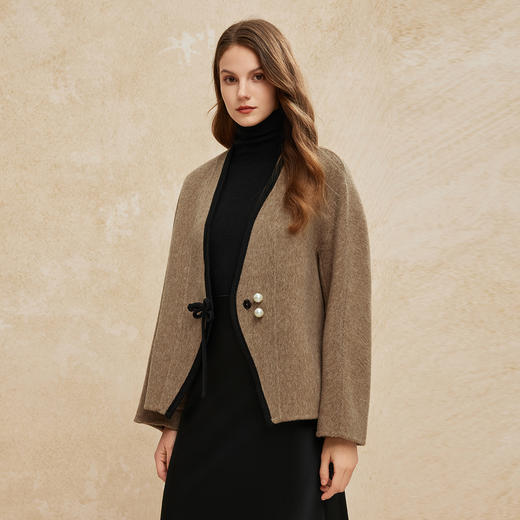 PH958斯尔丽24新款轻国风撞色滚边精致盘扣V领小个子双面呢羊毛大衣 商品图2