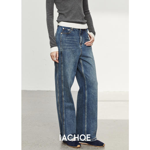 棉仓3561519004-秋季直筒显瘦复古超模裤牛仔裤  设计双裁线拼裁阔腿裤 商品图1