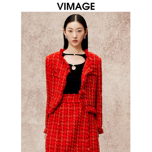 VIMAGE纬漫纪气质高级感小香风V领红色显瘦短外套秋冬新款V2203819 商品图5