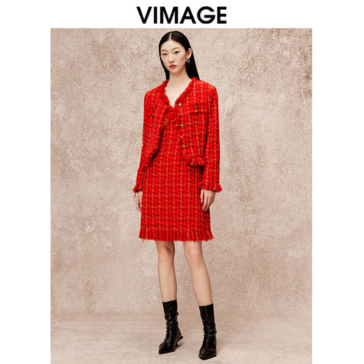 VIMAGE纬漫纪V领经典小香风红色高腰显瘦无袖连衣裙秋冬新款V2207829 商品图1