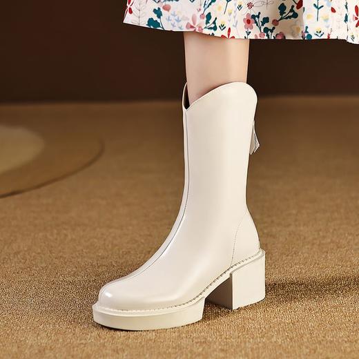 【预售5天】酒红色V口粗跟短靴，皮毛一体厚底马丁靴子ZMXY&2040-1 商品图1