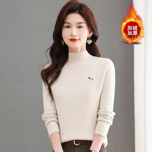 CC-tbrk-X1812秋冬新款半高领修身显瘦加绒加厚一体绒弹力绣花打底衫毛衣 商品图1