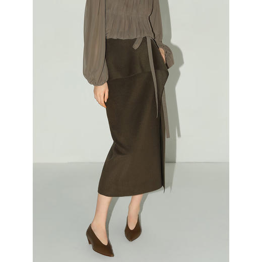 COCOBELLA[孟买棕绿]不对称荷叶边半身裙女冬毛呢长裙HS3091-2 商品图4