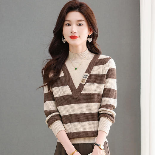 CC-tbrk-X1810条纹半高领打底衫毛衣2024秋冬新款套头厚款撞色宽松假两件上衣女 商品图0