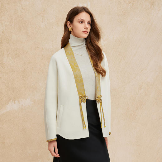 PH959斯尔丽24冬季新款新国风拼提花盘扣廓时尚V型领双面呢羊毛大衣 商品图2