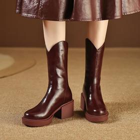 【预售5天】酒红色V口粗跟短靴，皮毛一体厚底马丁靴子ZMXY&2040-1