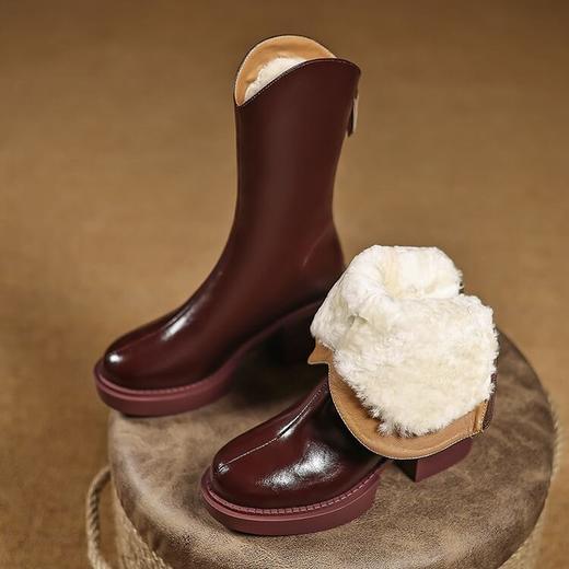 【预售5天】酒红色V口粗跟短靴，皮毛一体厚底马丁靴子ZMXY&2040-1 商品图5