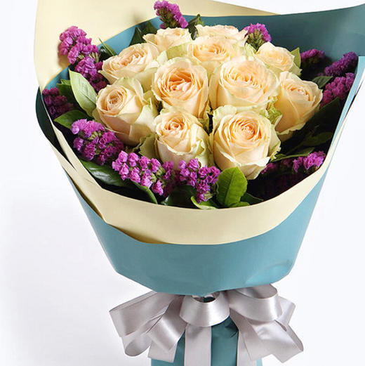 【柔情似水】11枝香槟玫瑰➕3枝紫红色勿忘我➕新鲜配花配叶，精美时尚花束 商品图0