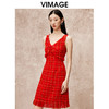 VIMAGE纬漫纪V领经典小香风红色高腰显瘦无袖连衣裙秋冬新款V2207829 商品缩略图3