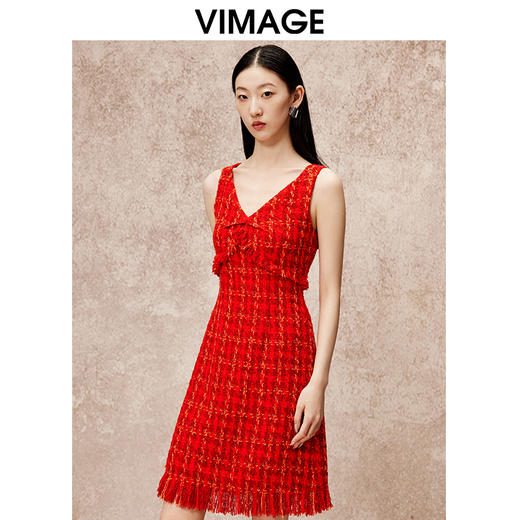 VIMAGE纬漫纪V领经典小香风红色高腰显瘦无袖连衣裙秋冬新款V2207829 商品图3