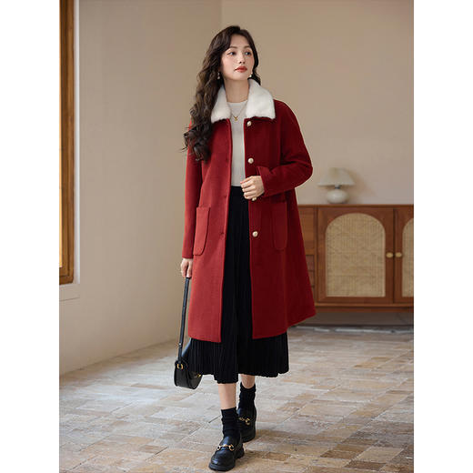 【年终特卖】熙世界波多尔红毛呢外套中长款2025冬季新款高级感毛领呢子大衣 商品图4