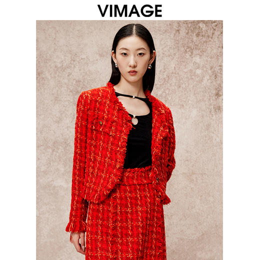 VIMAGE纬漫纪气质高级感小香风V领红色显瘦短外套秋冬新款V2203819 商品图3