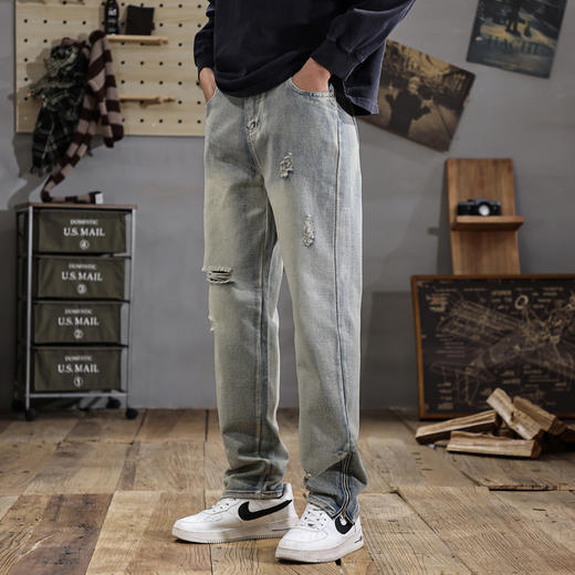 【新款DDJ】大依优型大码潮款破洞直筒牛仔裤长裤男舒适休闲简约百搭加肥加大男装 商品图1