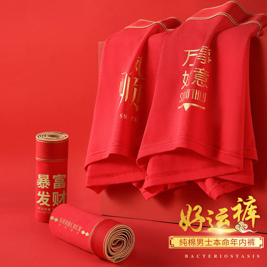 【2条装】男士大红色新年纯棉印花透气蚕丝聚乳酸抑菌底裆男生本命年内裤-58031 商品图2