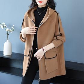 CC-10-5738加厚连帽毛呢外套女秋季中长款百搭大码新款时尚呢子大衣
