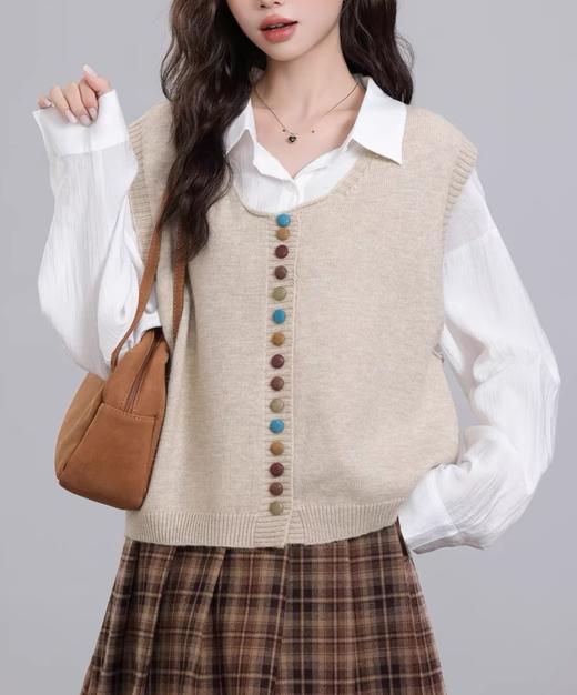 LR圆领撞色小扣子针织马甲 商品图3
