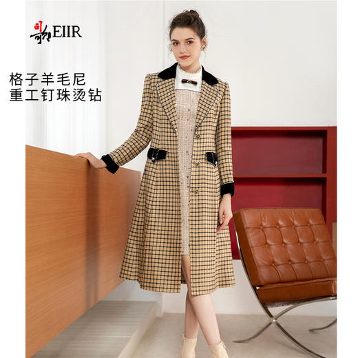 司歌复古格子中长款外套拼丝绒收腰冬女R901187X 商品图0
