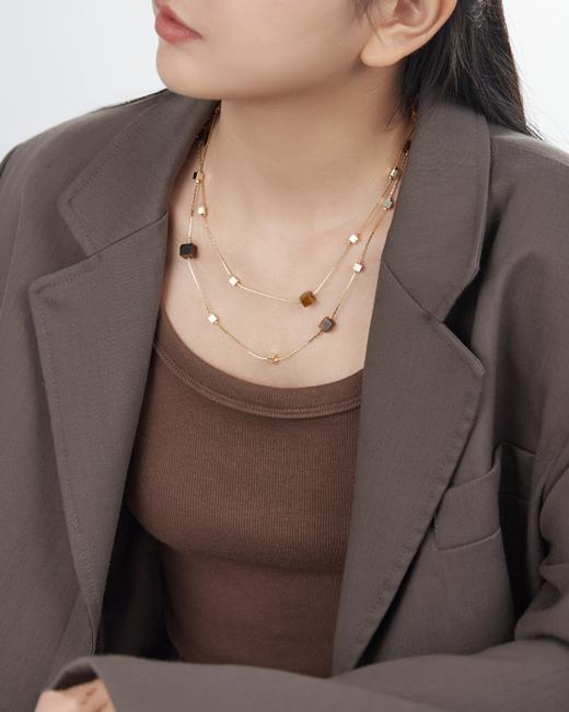 Oflye潮流饰品 美拉德复古虎眼石双层项链秋冬叠戴新款轻奢小众高级感毛衣链 商品图0