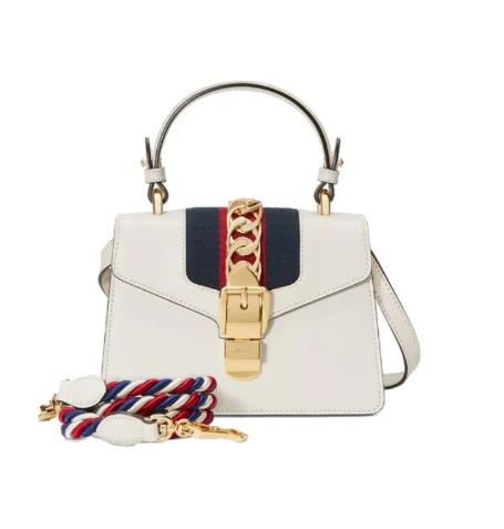 GUCCI古驰 Svlvie 金扣 条纹织带 皮革 单肩斜挎手提包 迷你   白色 商品图0