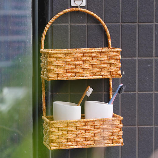 【浅咖色】娜家仿藤编二层挂墙篮 商品图0