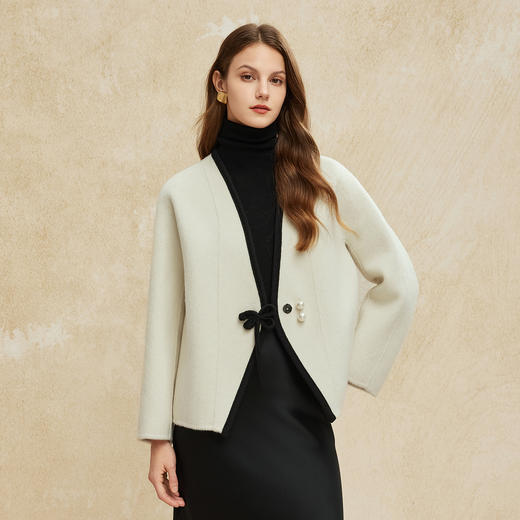 PH962斯尔丽24新款国风撞色滚边精致盘扣V领小个子显高双面呢羊毛大衣 商品图2