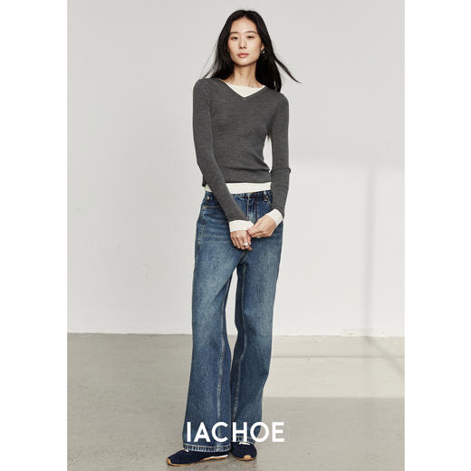 棉仓3561519004-秋季直筒显瘦复古超模裤牛仔裤  设计双裁线拼裁阔腿裤 商品图3