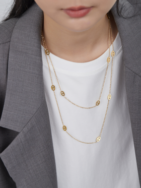 Oflye潮流饰品  双层叠戴猪鼻子金色项链女长款高级感小众秋冬毛衣链轻奢