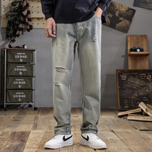 【新款DDJ】大依优型大码潮款破洞直筒牛仔裤长裤男舒适休闲简约百搭加肥加大男装 商品图0