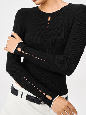 TR她热 锐舞派对 黑色针织拼色镂空弹力设计感辣妹时髦上衣打底衫