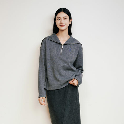 玳莎半拉链翻领卫衣简约时尚通勤灰色落肩袖上衣2024年冬季新款女  ED32302 商品图0
