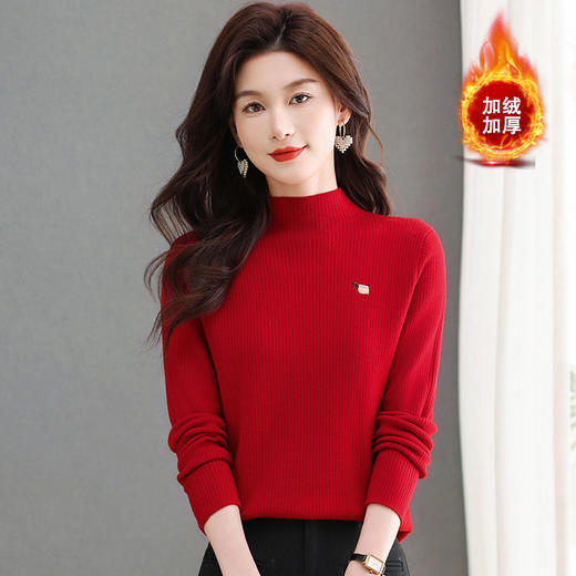 CC-tbrk-X1812秋冬新款半高领修身显瘦加绒加厚一体绒弹力绣花打底衫毛衣 商品图0