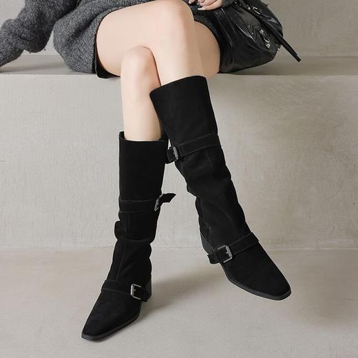 【预售7天】复古黄棕色西部靴，牛反绒高筒靴粗跟中跟皮带扣尖头长靴KYD&KK10463 商品图1