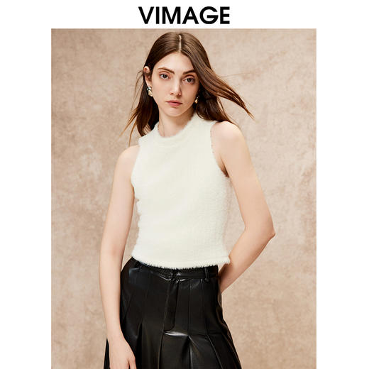 VIMAGE纬漫纪气质小立领无袖修身百搭纯色背心上衣秋季新款V2213835 商品图3