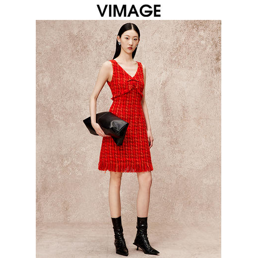 VIMAGE纬漫纪V领经典小香风红色高腰显瘦无袖连衣裙秋冬新款V2207829 商品图2