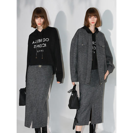 COCOBELLA[miu系穿搭]人字纹羊毛半身冬毛呢长裙附腰带HS0058 商品图3