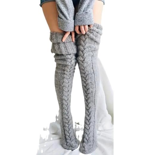 跨境毛线暖脚套长袜欧美秋冬纯色过膝袜子长筒袜堆堆袜厚女袜 商品图4