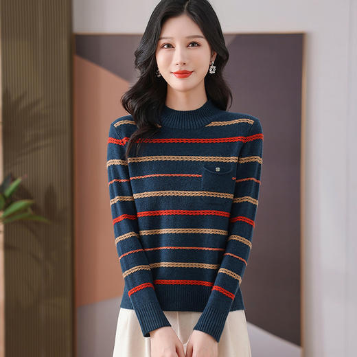 CC-101-59053半高领条纹打底女秋冬新款洋气羊毛针织内搭小上衣厚款短款毛衣女 商品图1