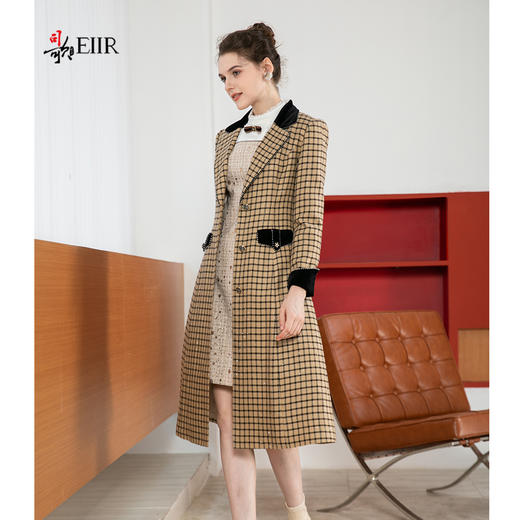 司歌复古格子中长款外套拼丝绒收腰冬女R901187X 商品图1
