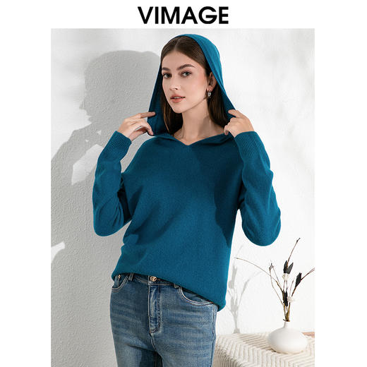 VIMAGE纬漫纪慵懒感V领百搭显瘦连帽针织衫秋季新款VC2401304 商品图0