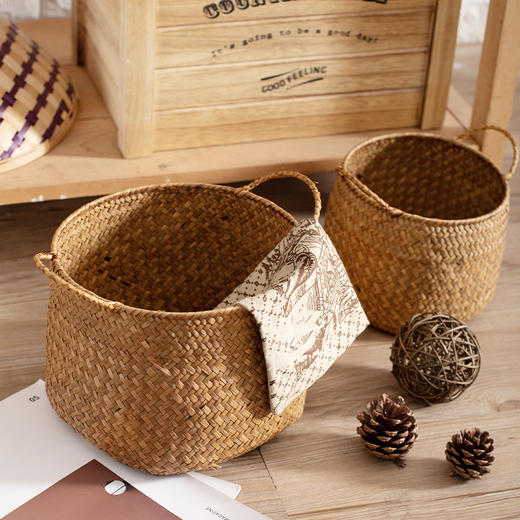 【橙色】娜家草编圆形双耳蒲草创意收纳篮 商品图2