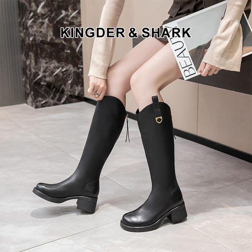 经典鲨2024年冬季新款黑色百搭圆头加绒保暖中粗跟长筒靴女KW87-D58031 商品图0