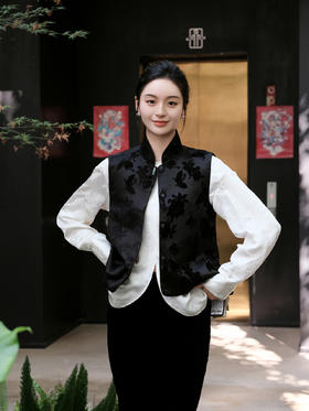 FAB黑色蝶恋花漳缎对襟马甲