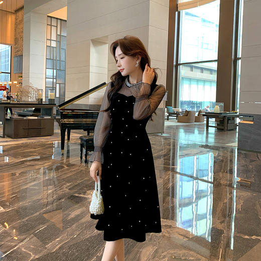 奢姿2025年秋季新款大码女装钉珠立领裙子胖妹妹拼接气质连衣裙9943860342 商品图1