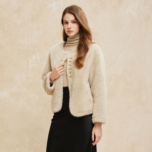 PH102斯尔丽24冬季新款小香风猫猫绒皮草小个子圆领休闲皮毛一体外套 商品图5