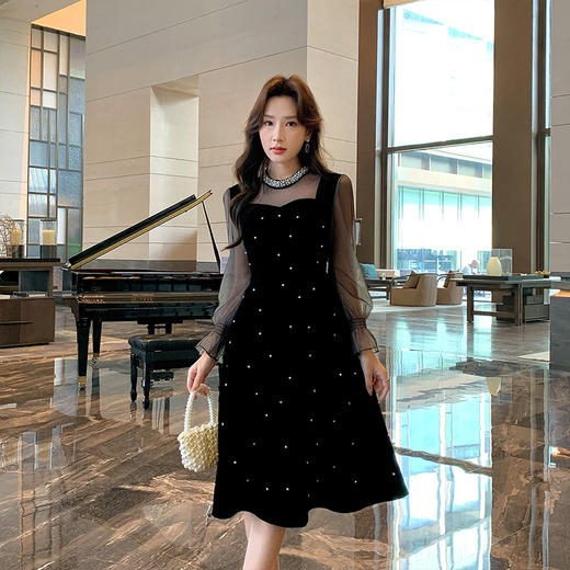 奢姿2025年秋季新款大码女装钉珠立领裙子胖妹妹拼接气质连衣裙9943860342 商品图2