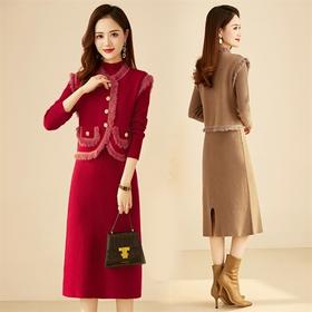 2024年新款秋季单排扣马甲长袖修身两件套针织连衣裙YBER355